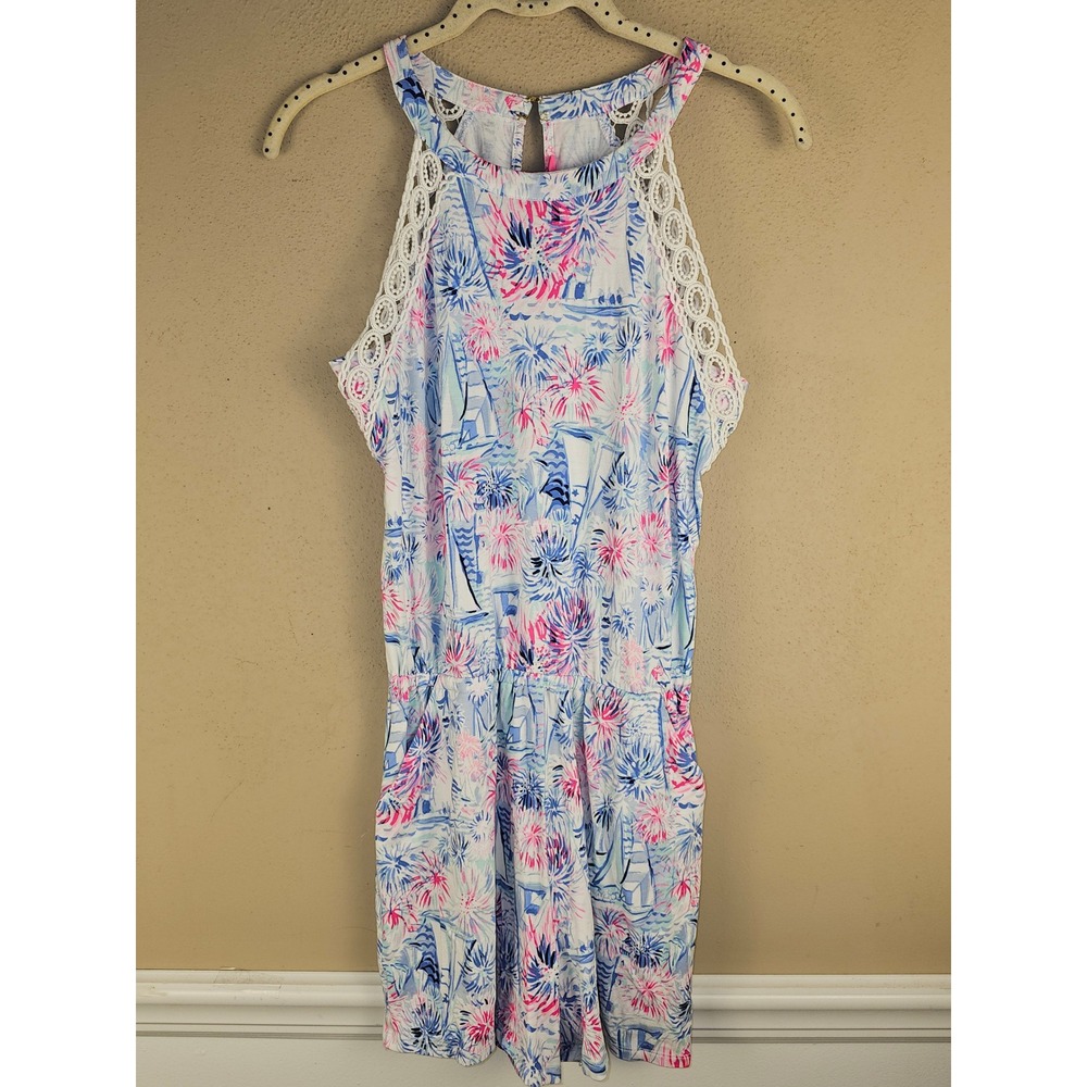 Lilly Pulitzer Womens Crew‎ Blue Tint Sea to Shining Sea Lala Short Romper XS